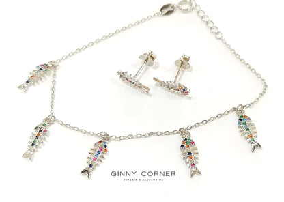 Pulsera Pescados con Raspas en plata con circonitas de colores