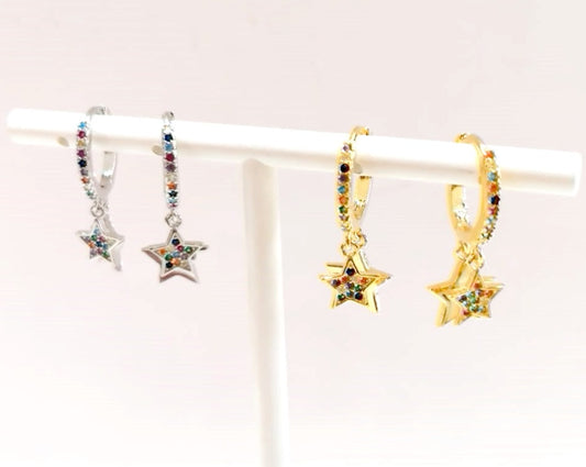 Pendientes de aros con estrella en joyería en plata de ley chapada en oro con Swarovski